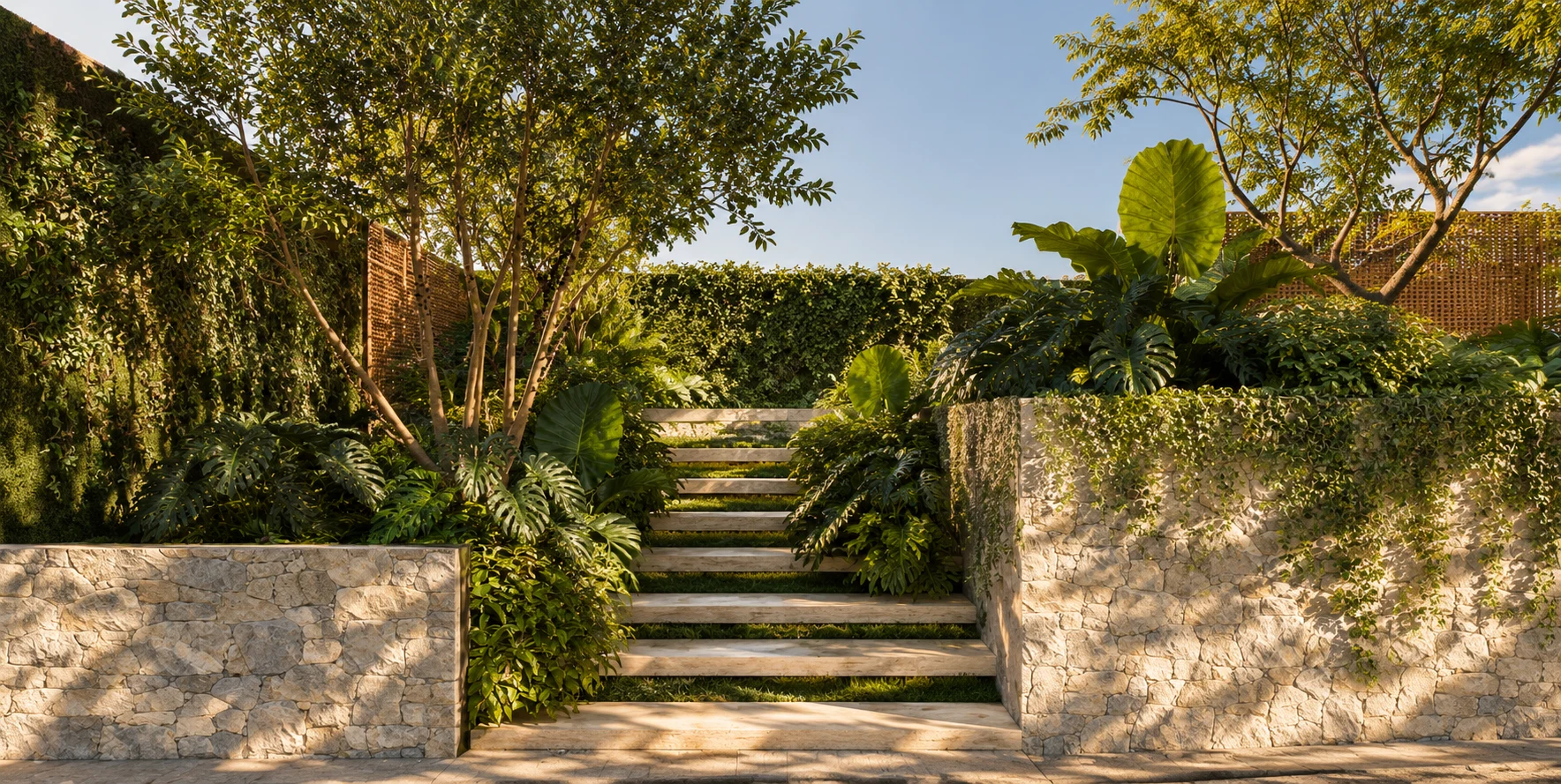 Percurso de chegada da Casa CT, com luz natural e vegetação.